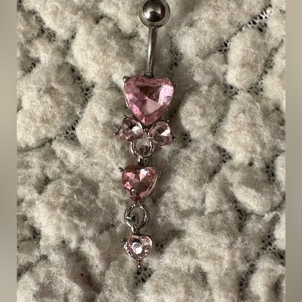 Belly Ring- Stainless Steel Navel Belly Ring Pink Cubic Zirconia Hearts Belly